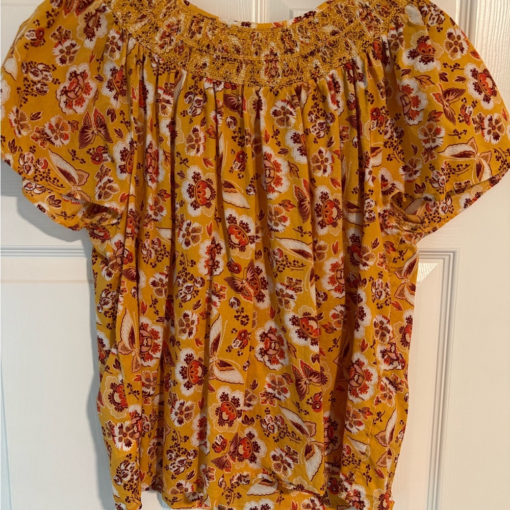 LOFT Yellow Short Sleeve Ruffled Blouse